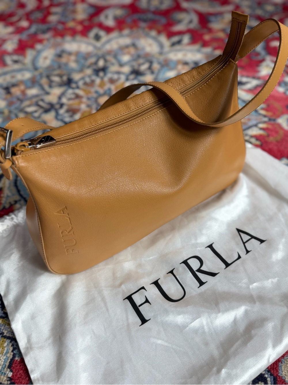 Furla Camel Tan Italian Leather Shoulder Baguette Bag Includes Dusty- minor wear